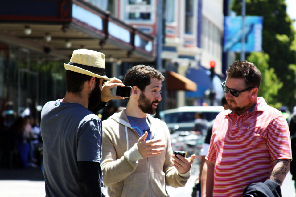 A group of friends out on a city street